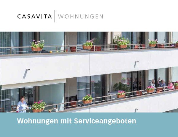 Bild auf einer Broschüre der Casavita Wohnungen: Auf zwei separaten Terrassen der Mietwohnungen sind einerseits winkende Personen und andererseits eine Reinigungskraft zu sehen, die in Richtung Kamera blickt.