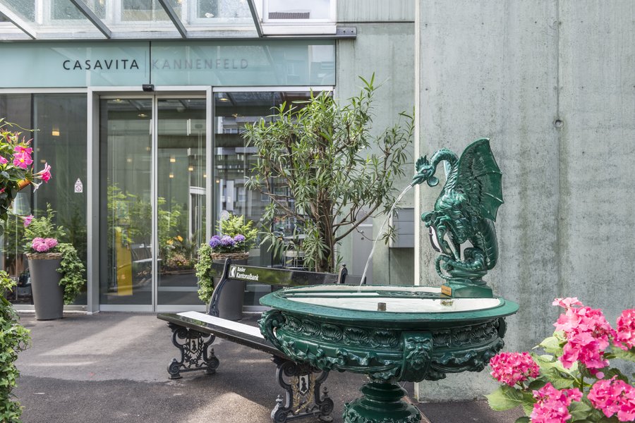 Eine Momentaufnahme des Einganges der Casavita Kannenfeld ist sichtbar, eine Bank und ein Basilisken-Brunnen, sowie auch sämtliche Pflanzen befinden sich davor.