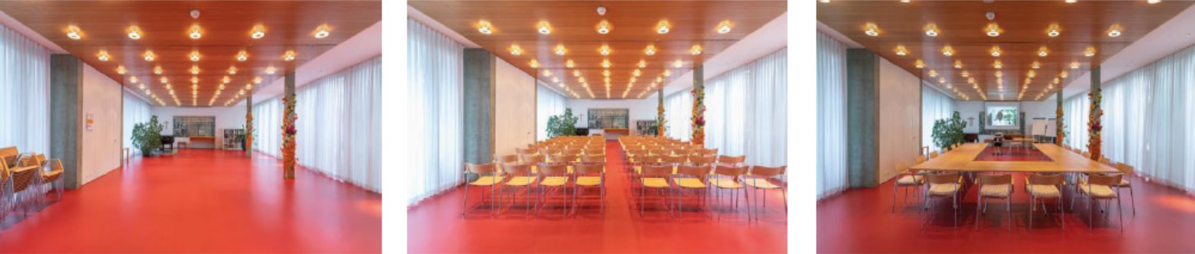 Es ist der Saal der Casavita Kannenfeld zu sehen,  in drei verschiedenen Konstellationen. Einmal ohne Stühle, einmal mit Stühlen und Stühle mit einer  U-förmigen Tischinsel, der Boden ist rot.